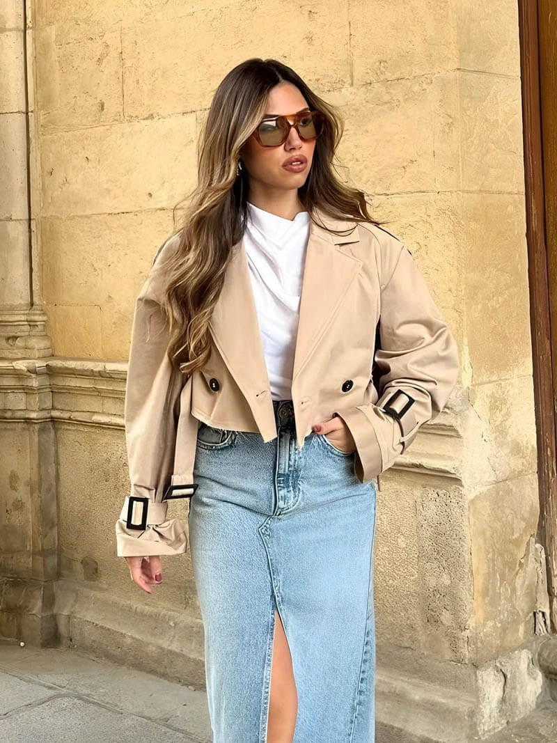 Damen Cropped Trenchcoat Gabardine Doppelreihig mit Gürtel - Image 4