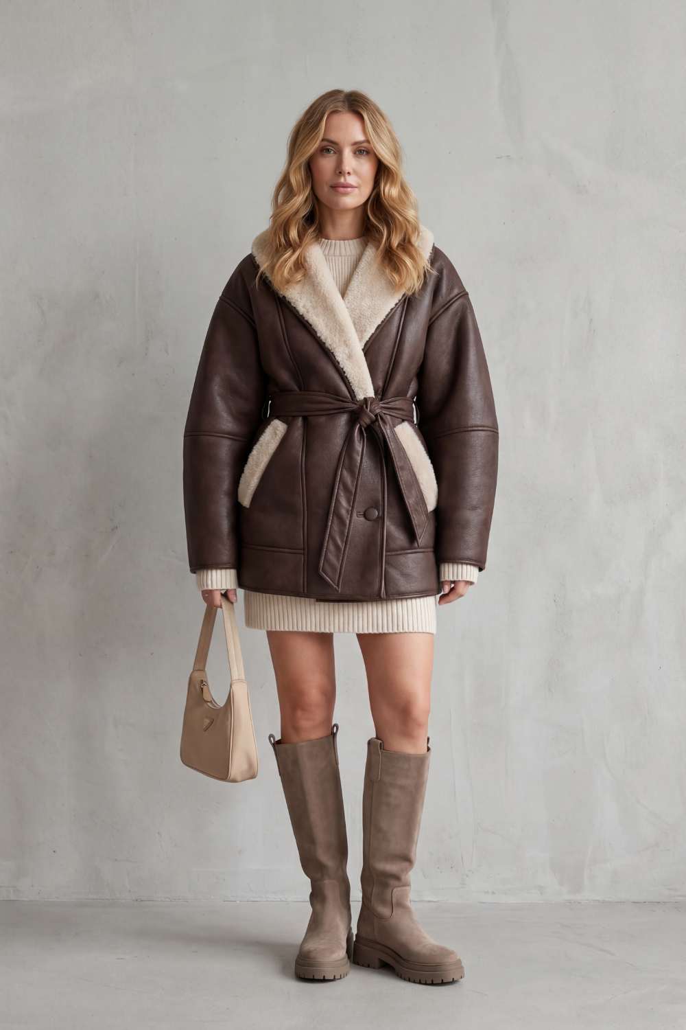 Damen Kunstleder Wickelmantel Oversize Fleece Gürtel - Image 2