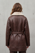 Damen Kunstleder Wickelmantel Oversize Fleece Gürtel - Image 4
