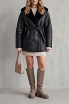 Damen Kunstleder Wickelmantel Oversize Fleece Gürtel - Image 5