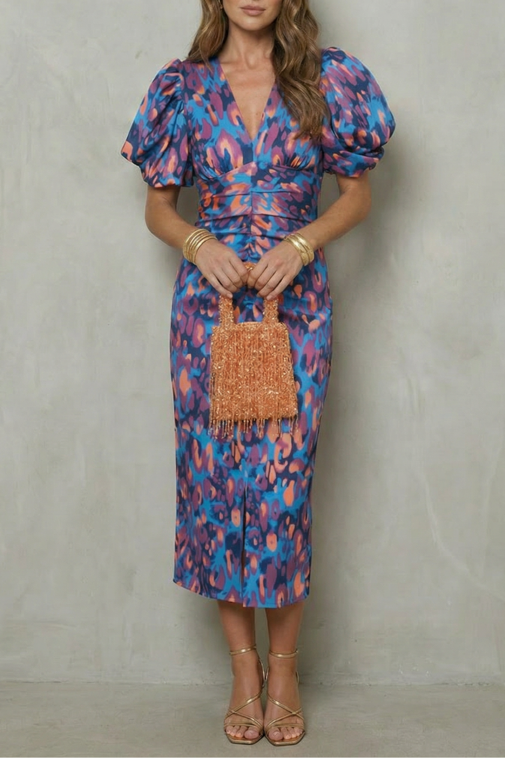 Damen Midikleid Puffärmel abstraktes Print Cocktailkleid