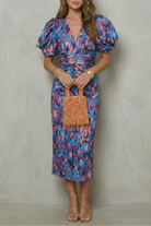 Damen Midikleid Puffärmel abstraktes Print Cocktailkleid