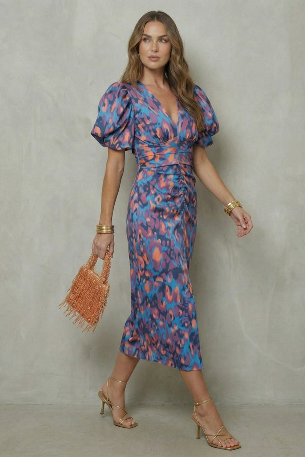 Damen Midikleid Puffärmel abstraktes Print Cocktailkleid - Image 3