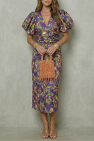 Damen Midikleid Puffärmel abstraktes Print Cocktailkleid - Image 5