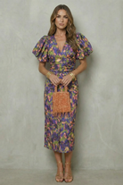 Damen Midikleid Puffärmel abstraktes Print Cocktailkleid - Image 6