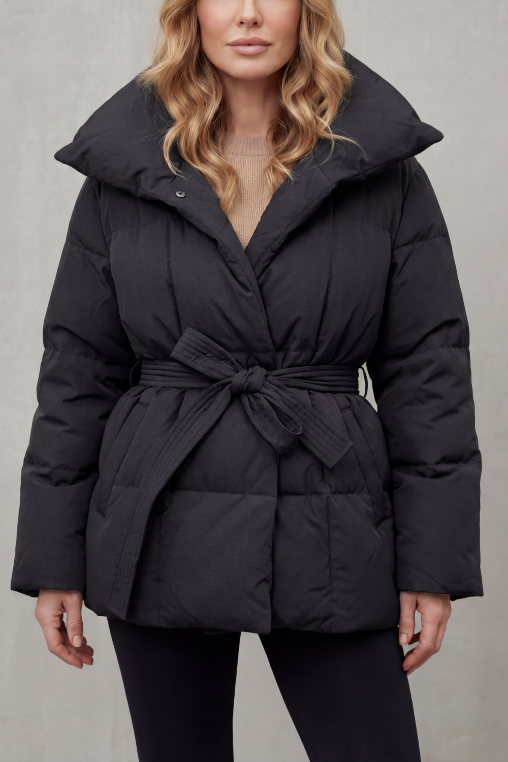 Damen Pufferjacke Gürtel Oversize Kragen Steppmantel - Image 6