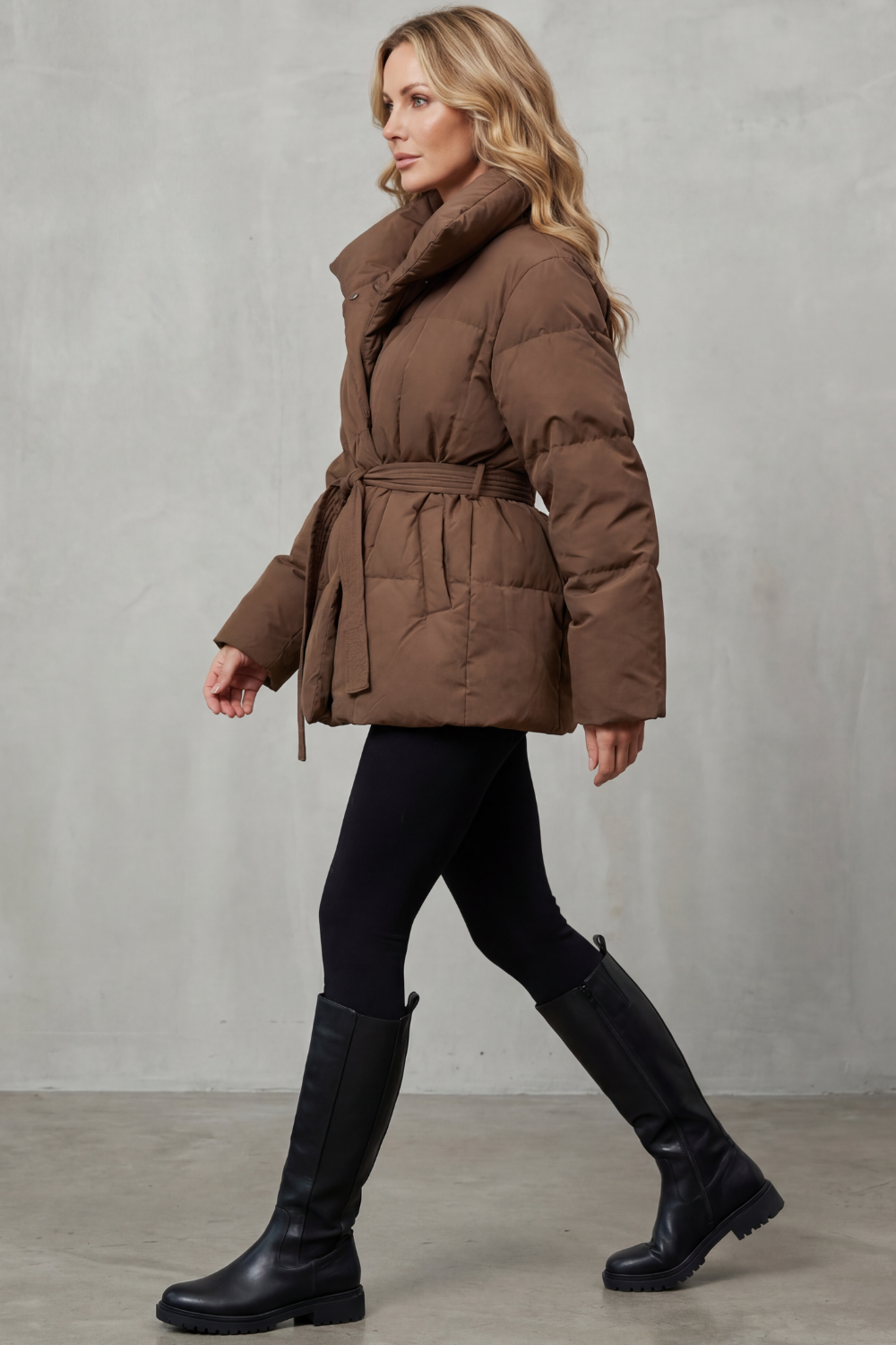 Damen Pufferjacke Gürtel Oversize Kragen Steppmantel - Image 4