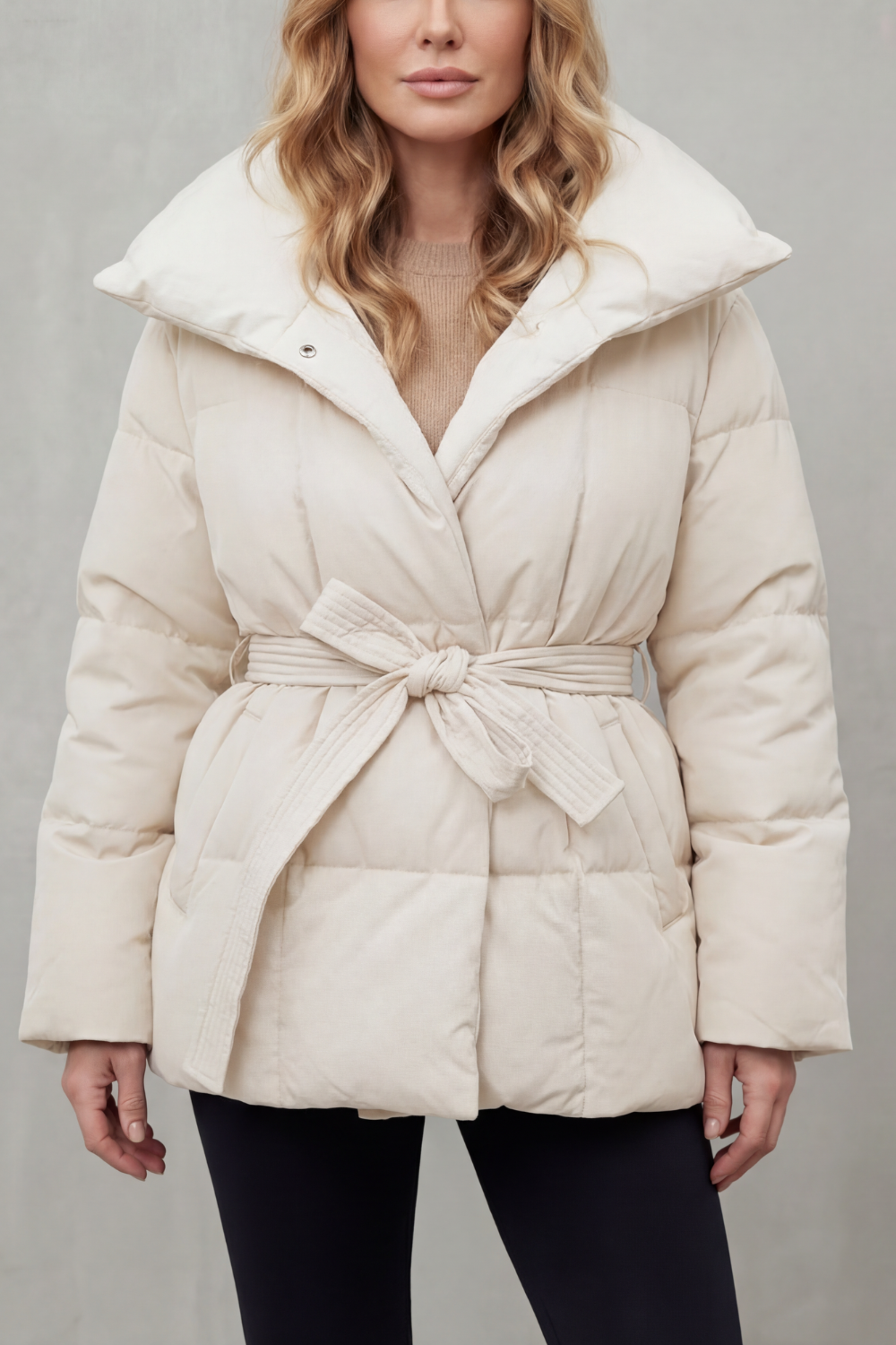 Damen Pufferjacke Gürtel Oversize Kragen Steppmantel - Image 5