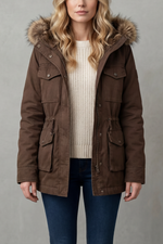 Damen Parka Kunstfellkapuze Braun Tailliert Wintermantel