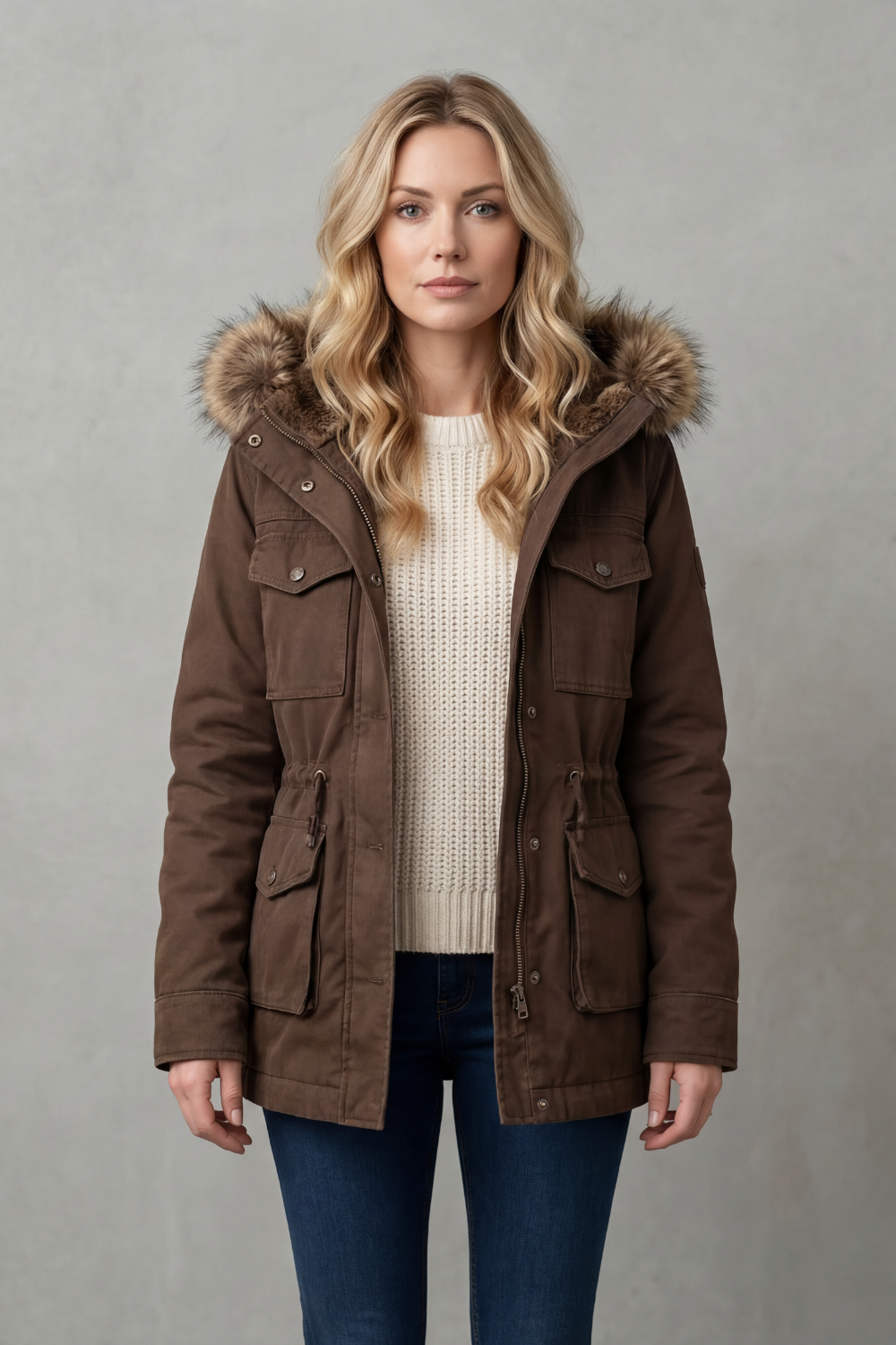 Damen Parka Kunstfellkapuze Braun Tailliert Wintermantel - Image 2