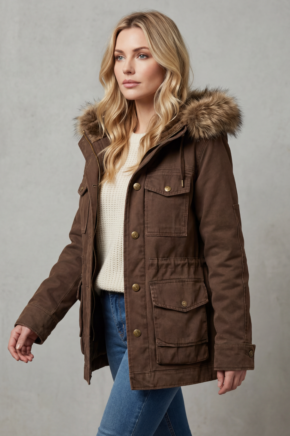 Damen Parka Kunstfellkapuze Braun Tailliert Wintermantel - Image 3