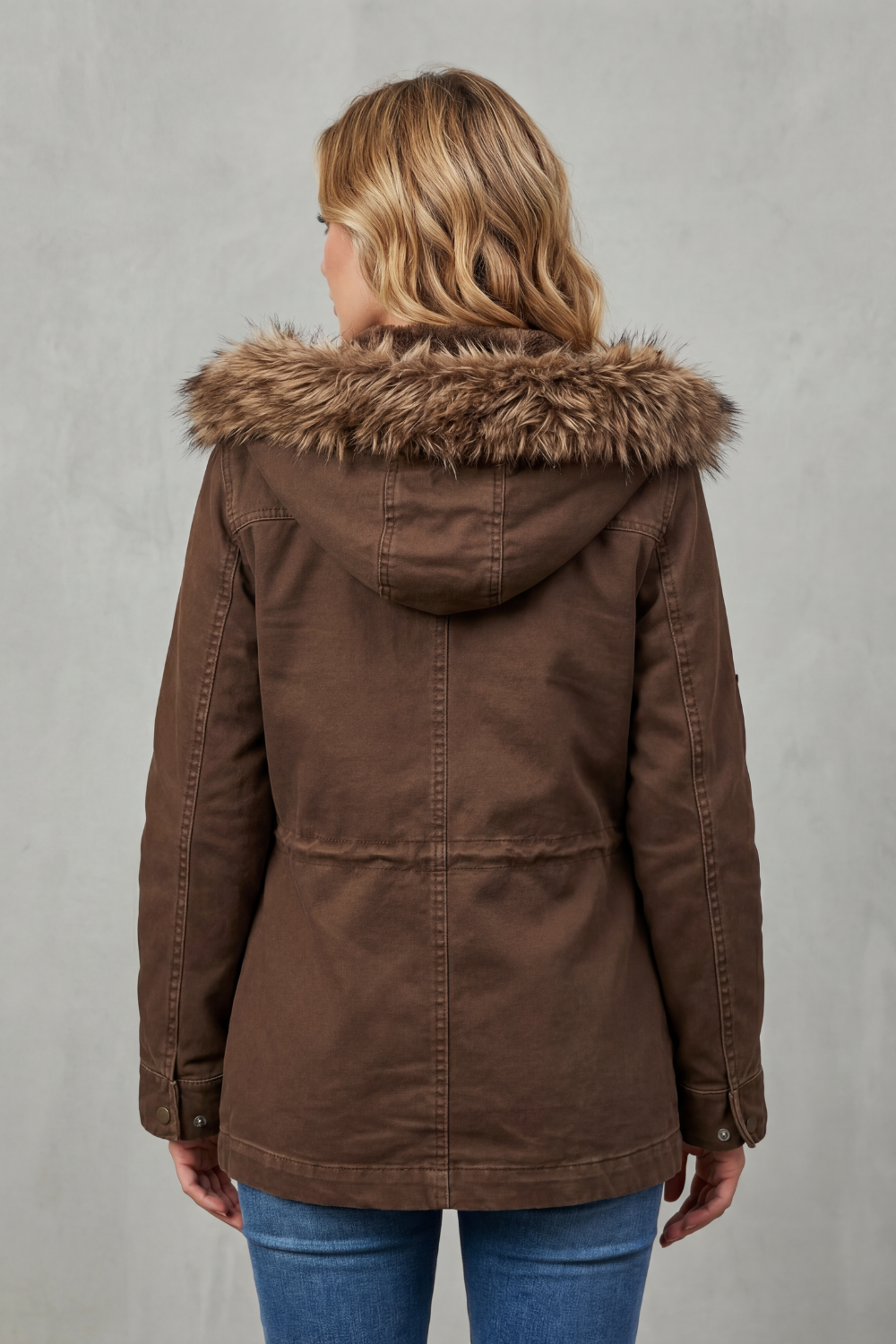 Damen Parka Kunstfellkapuze Braun Tailliert Wintermantel - Image 4