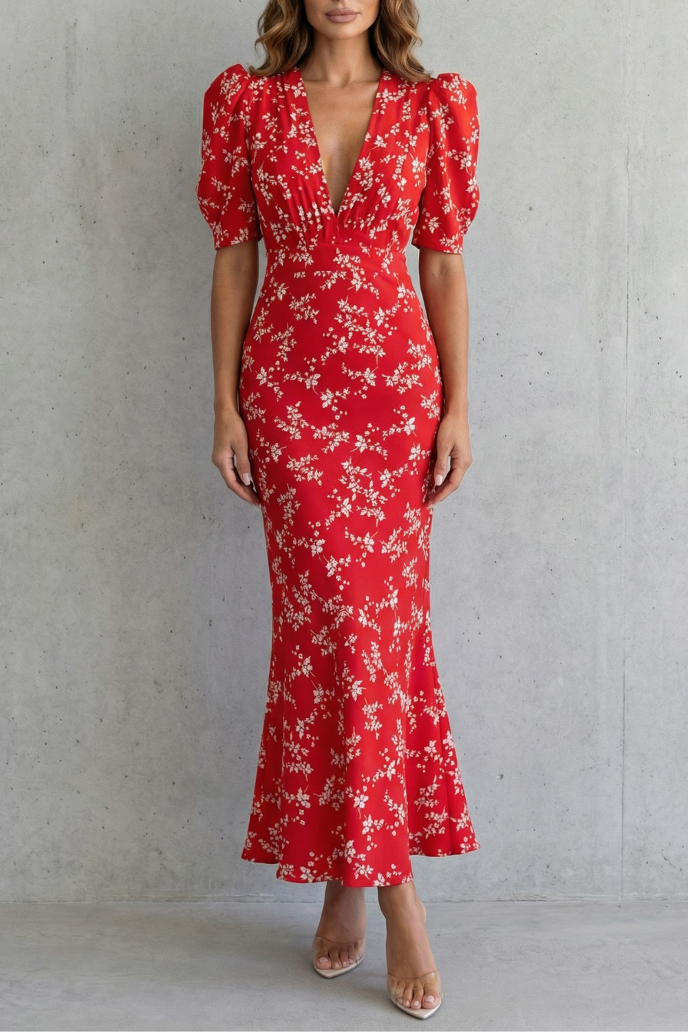 Damen Maxikleid Blumenmuster V-Ausschnitt figurenform