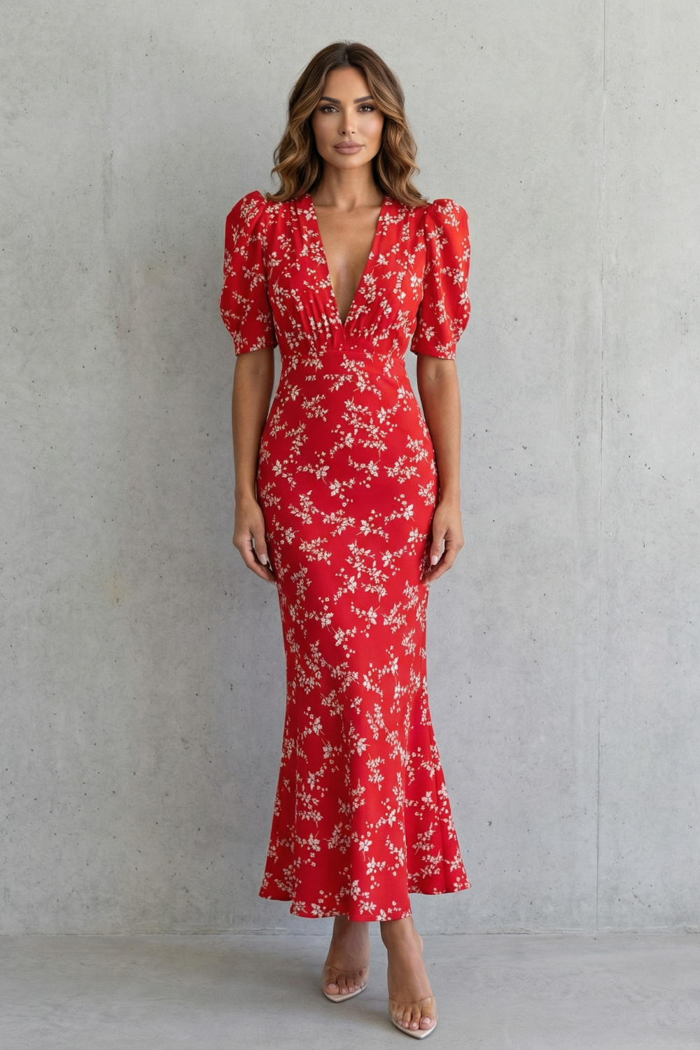 Damen Maxikleid Blumenmuster V-Ausschnitt figurenform - Image 2