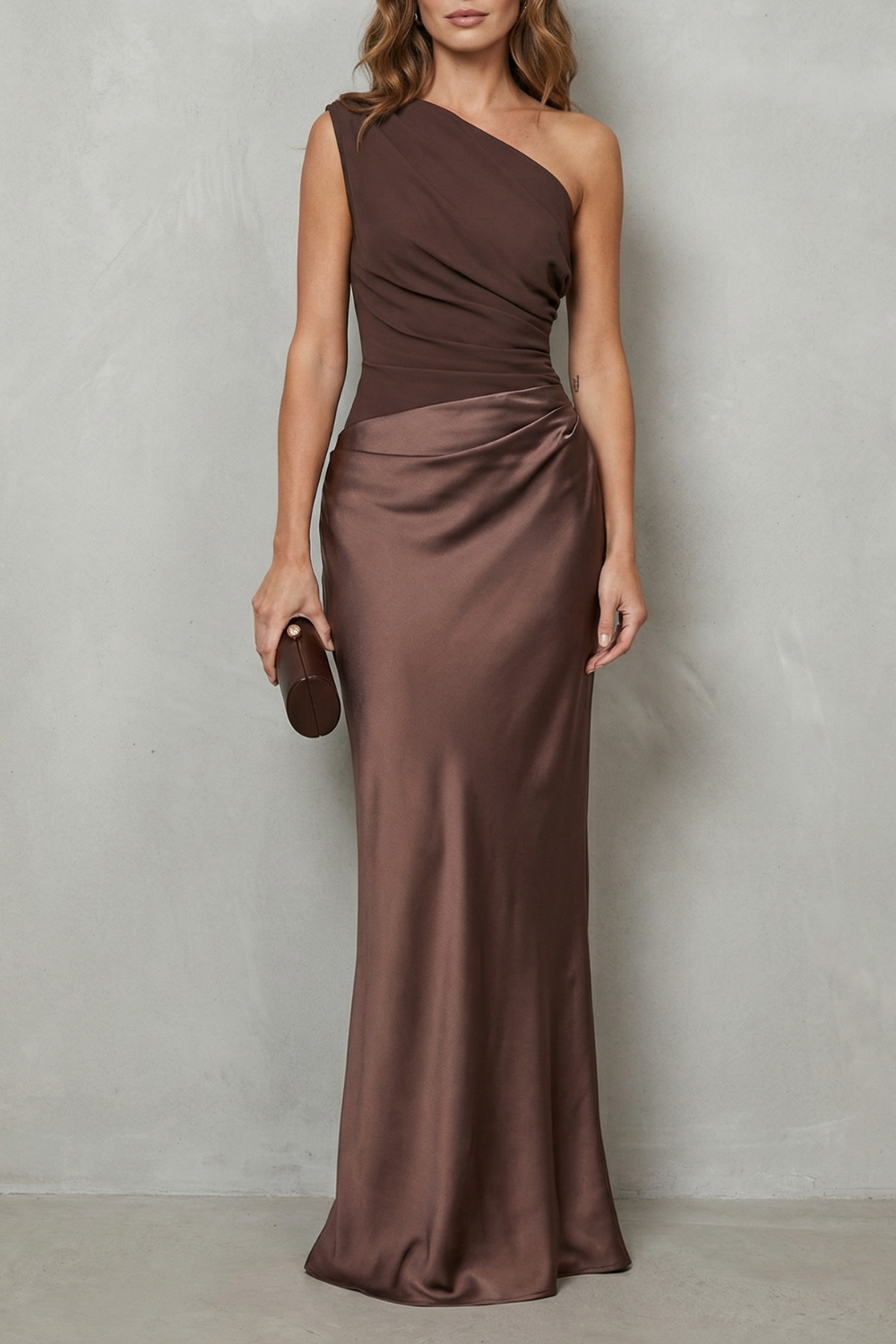 Damen Satin Abendkleid Asymmetrisch One-Shoulder Maxi Lang