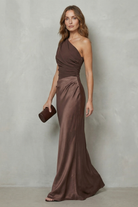 Damen Satin Abendkleid Asymmetrisch One-Shoulder Maxi Lang - Image 3
