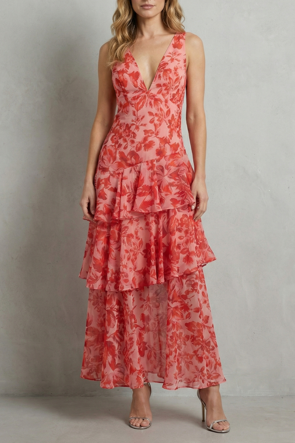 Damen Chiffon Maxikleid Geblümt Gestuft