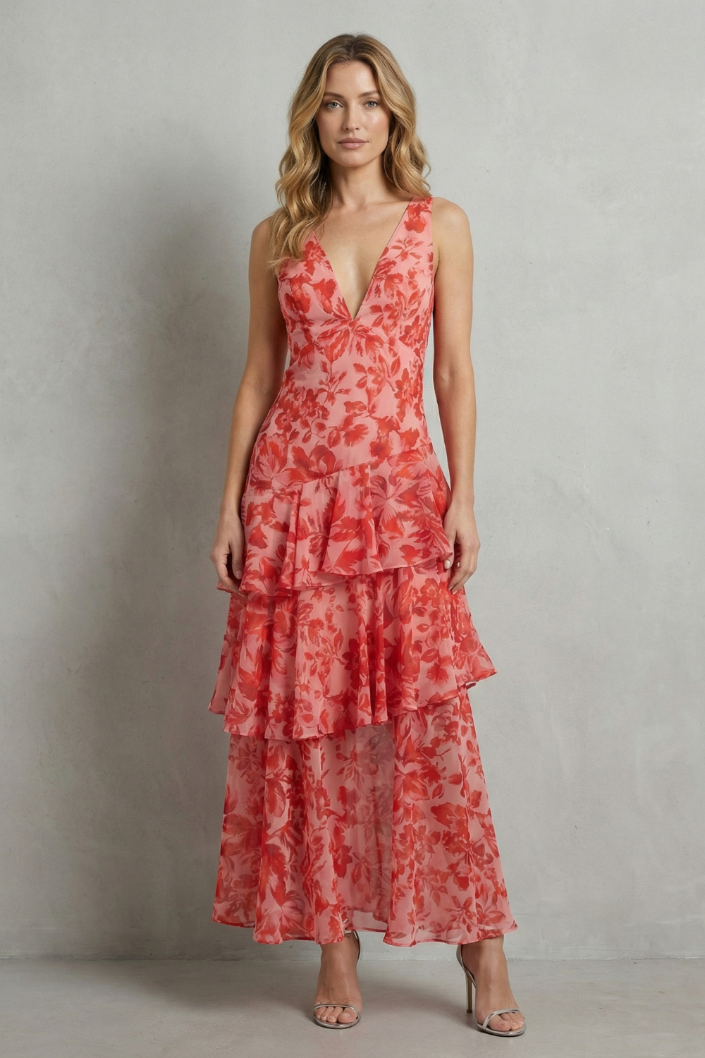 Damen Chiffon Maxikleid Geblümt Gestuft - Image 2