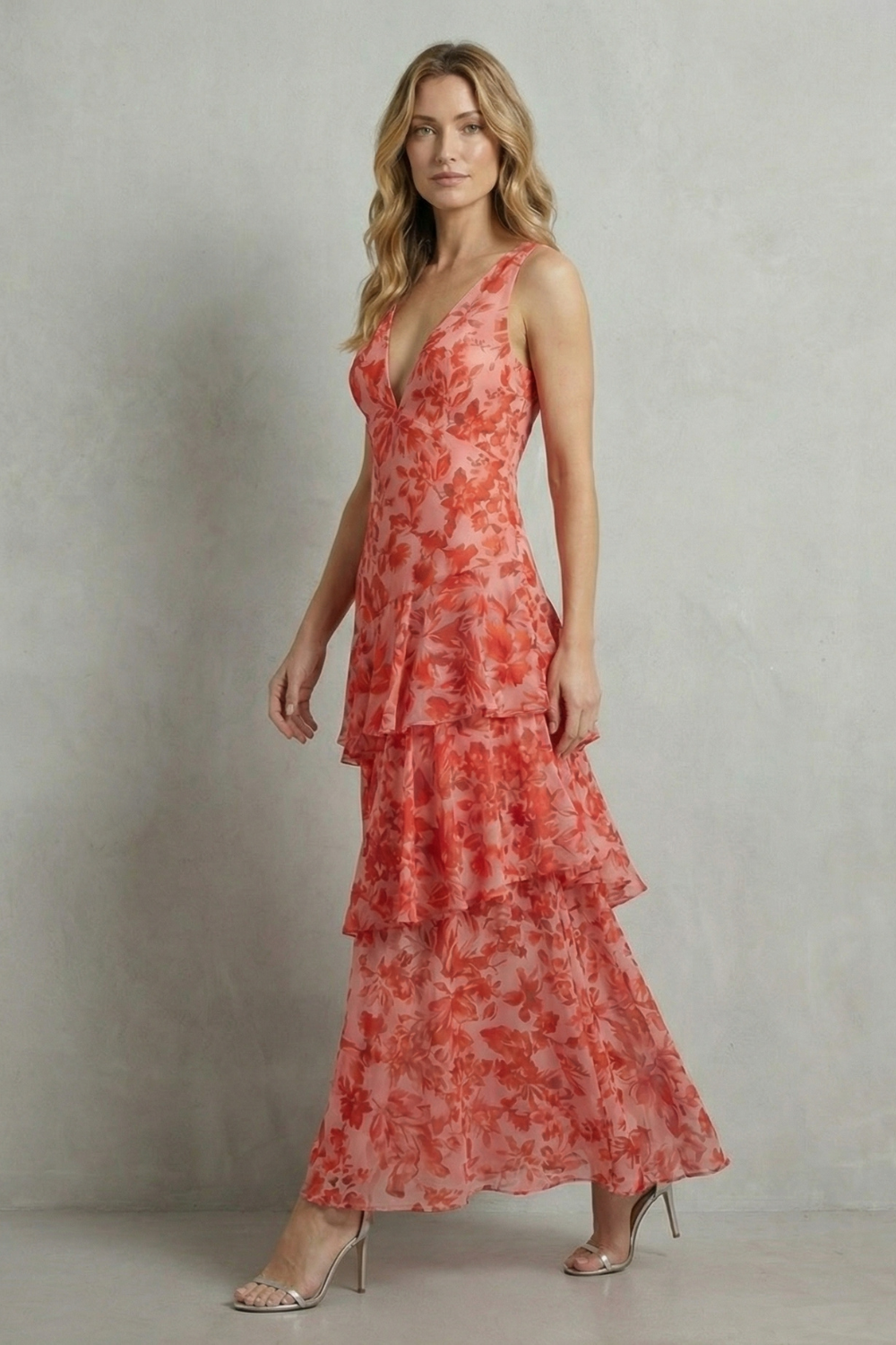 Damen Chiffon Maxikleid Geblümt Gestuft - Image 3