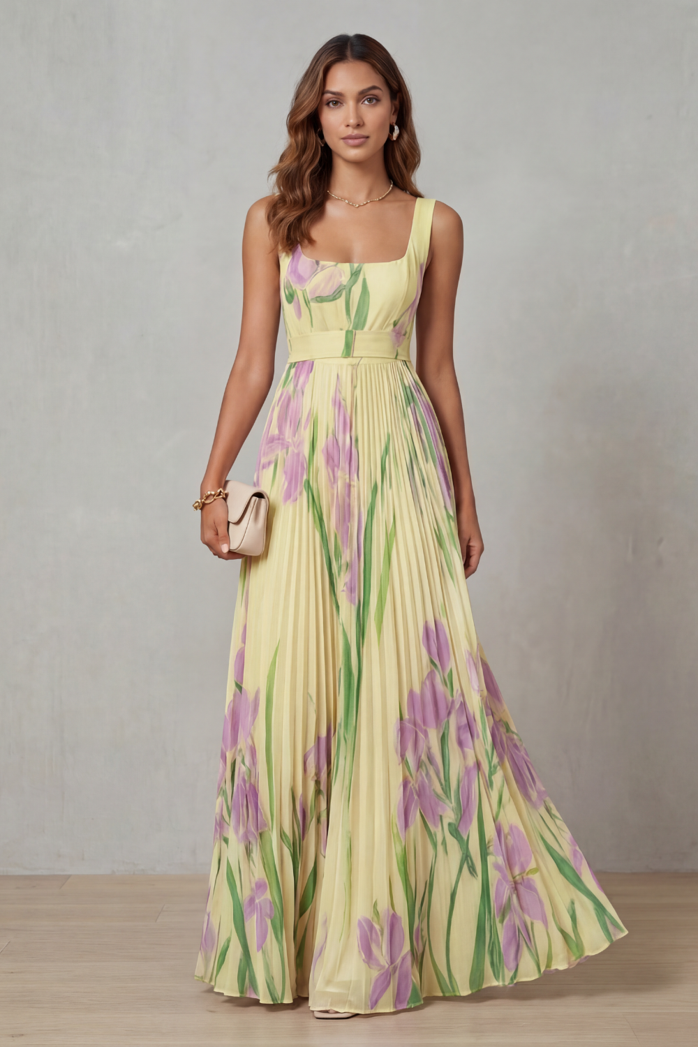 Damen Maxikleid Blumenmuster Plissee Wasserfarben Floral - Image 10