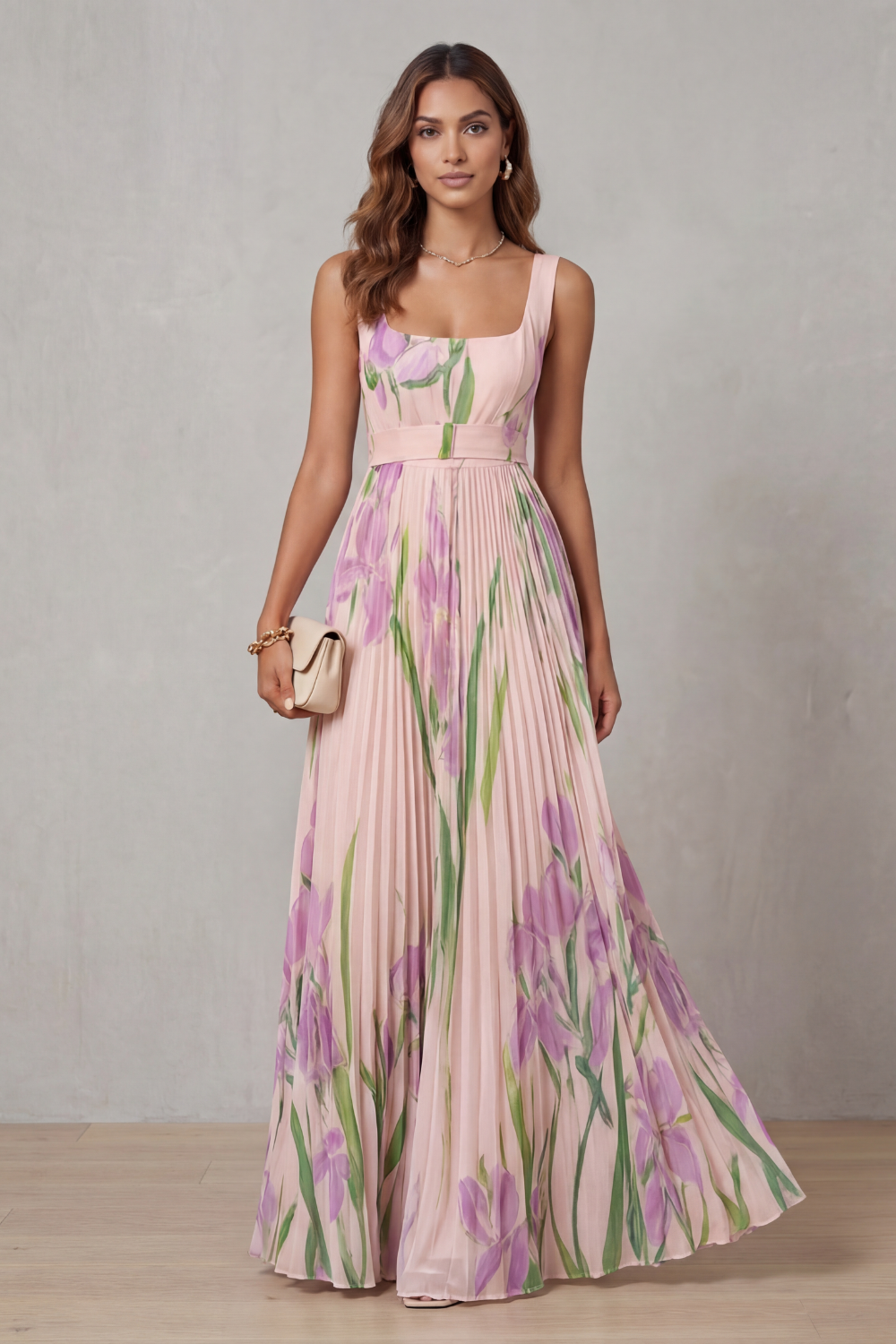 Damen Maxikleid Blumenmuster Plissee Wasserfarben Floral - Image 2