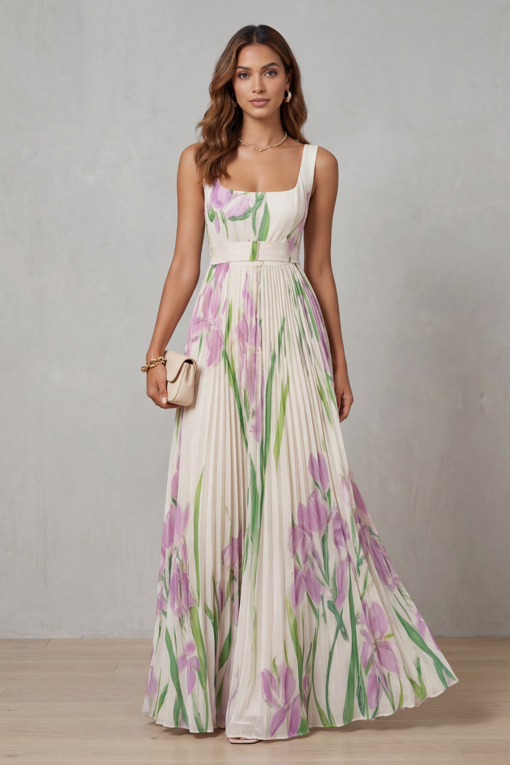Damen Maxikleid Blumenmuster Plissee Wasserfarben Floral - Image 12