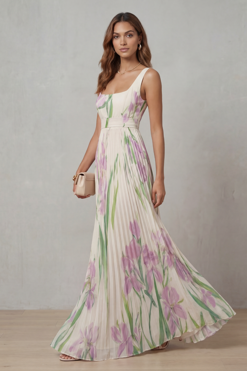 Damen Maxikleid Blumenmuster Plissee Wasserfarben Floral - Image 13