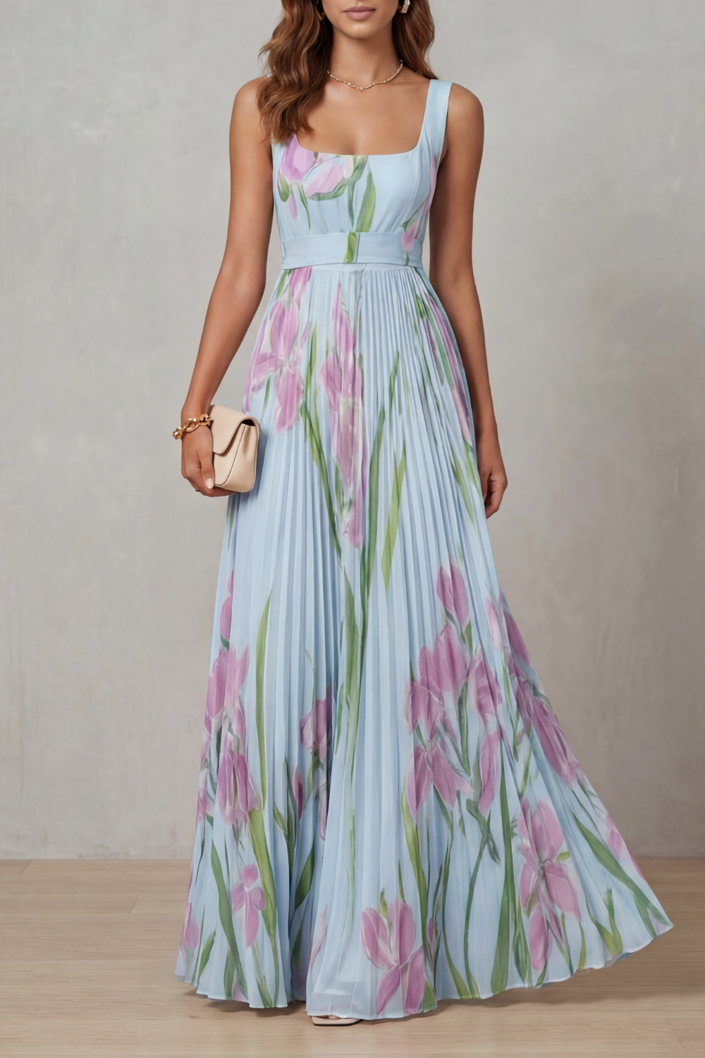 Damen Maxikleid Blumenmuster Plissee Wasserfarben Floral - Image 5