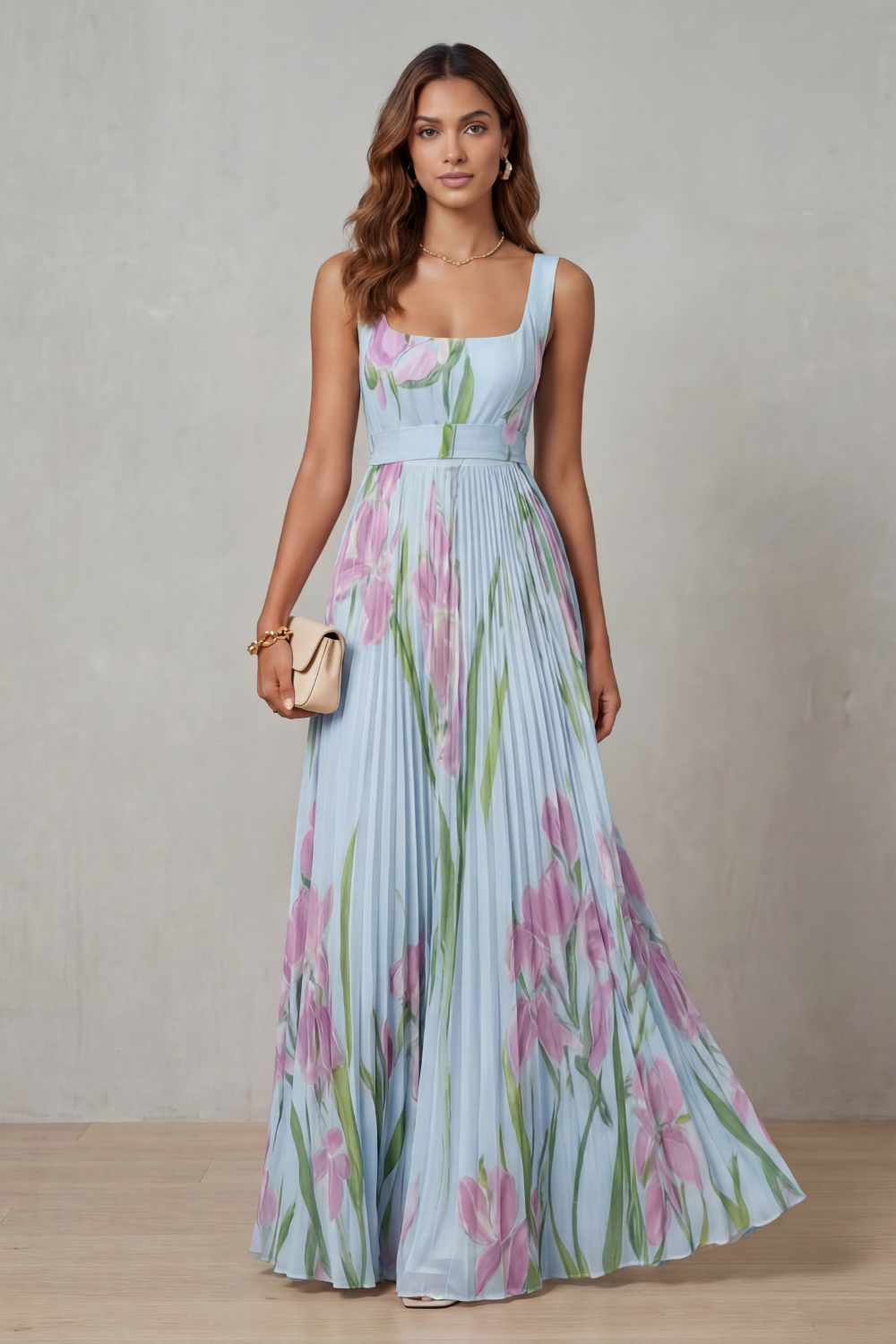 Damen Maxikleid Blumenmuster Plissee Wasserfarben Floral - Image 6
