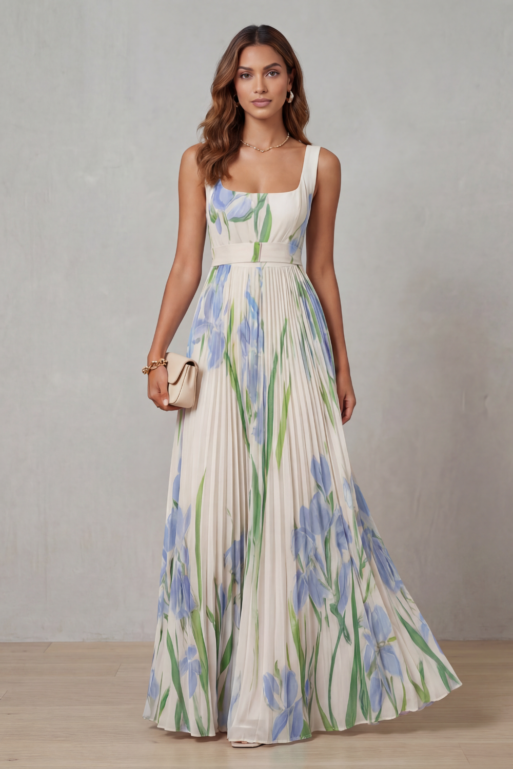 Damen Maxikleid Blumenmuster Plissee Wasserfarben Floral - Image 8