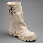 Damen-Lederstiefel bis zum Knie mit Blocksohle und Schnallen