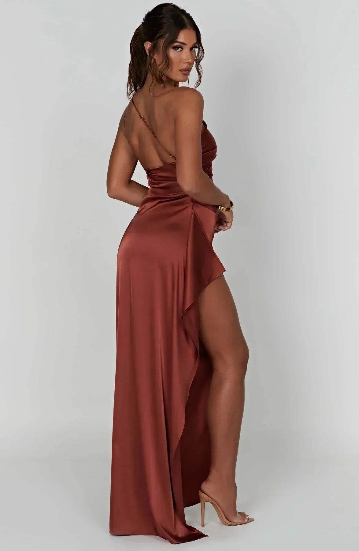 Damen Ein-Schulter Abendkleid Maxikleid hoher Schlitz drapiert - Image 13