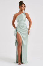 Damen Ein-Schulter Abendkleid Maxikleid hoher Schlitz drapiert - Image 15