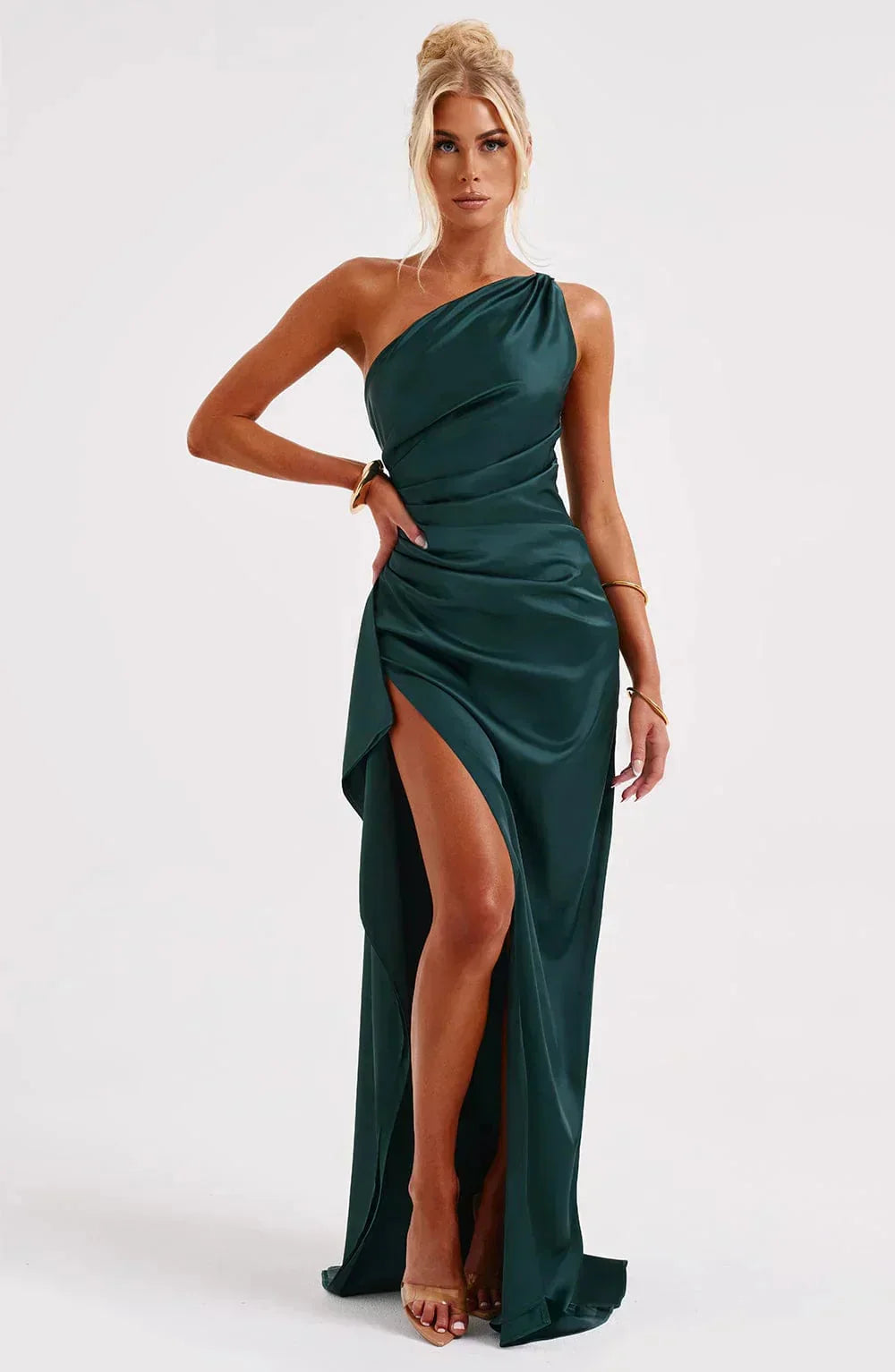 Damen Ein-Schulter Abendkleid Maxikleid hoher Schlitz drapiert - Image 17