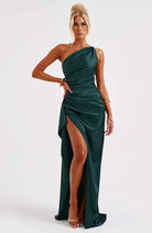 Damen Ein-Schulter Abendkleid Maxikleid hoher Schlitz drapiert - Image 17