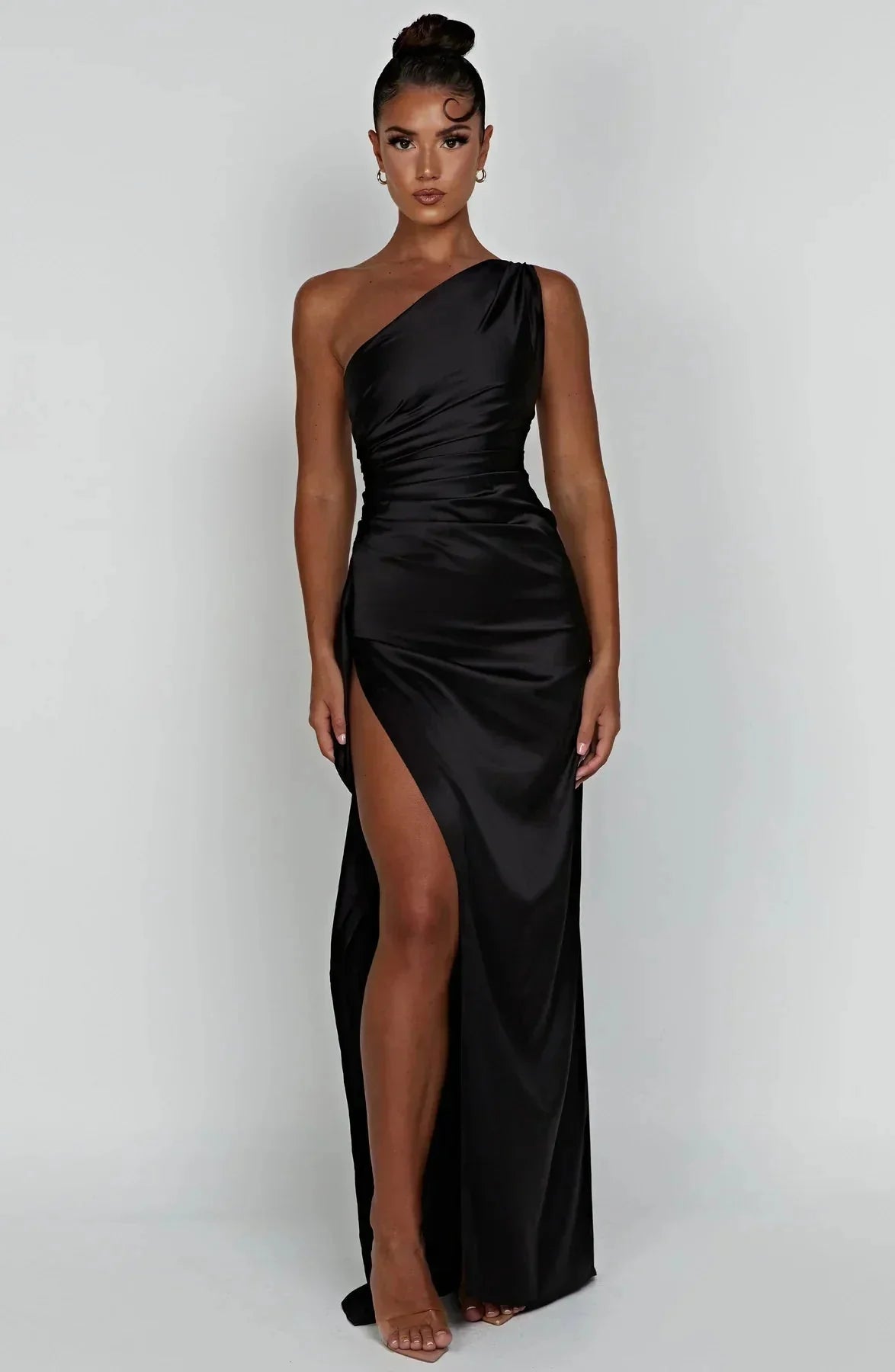 Damen Ein-Schulter Abendkleid Maxikleid hoher Schlitz drapiert - Image 20