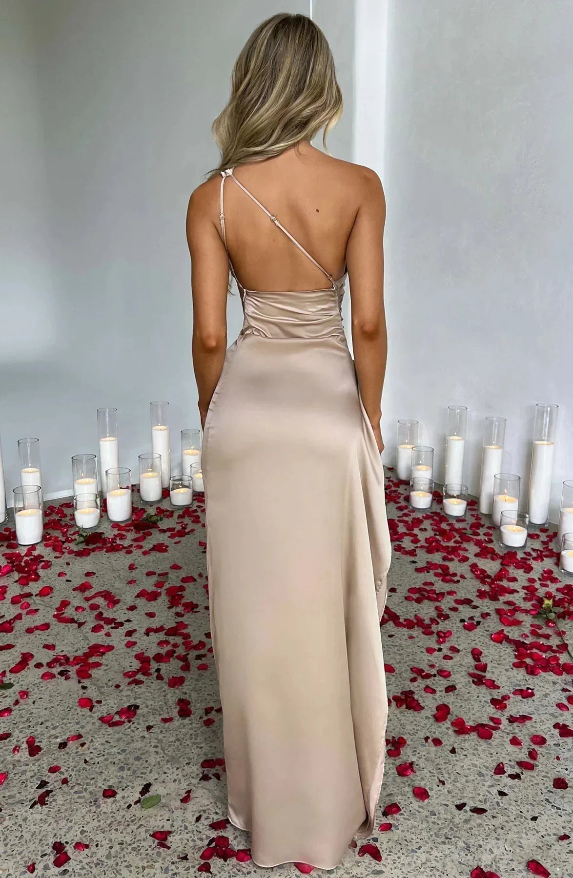 Damen Ein-Schulter Abendkleid Maxikleid hoher Schlitz drapiert - Image 6