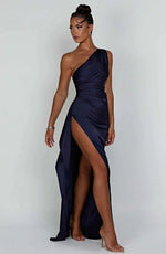 Damen Ein-Schulter Abendkleid Maxikleid hoher Schlitz drapiert