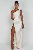 Damen Ein-Schulter Abendkleid Maxikleid hoher Schlitz drapiert - Image 11