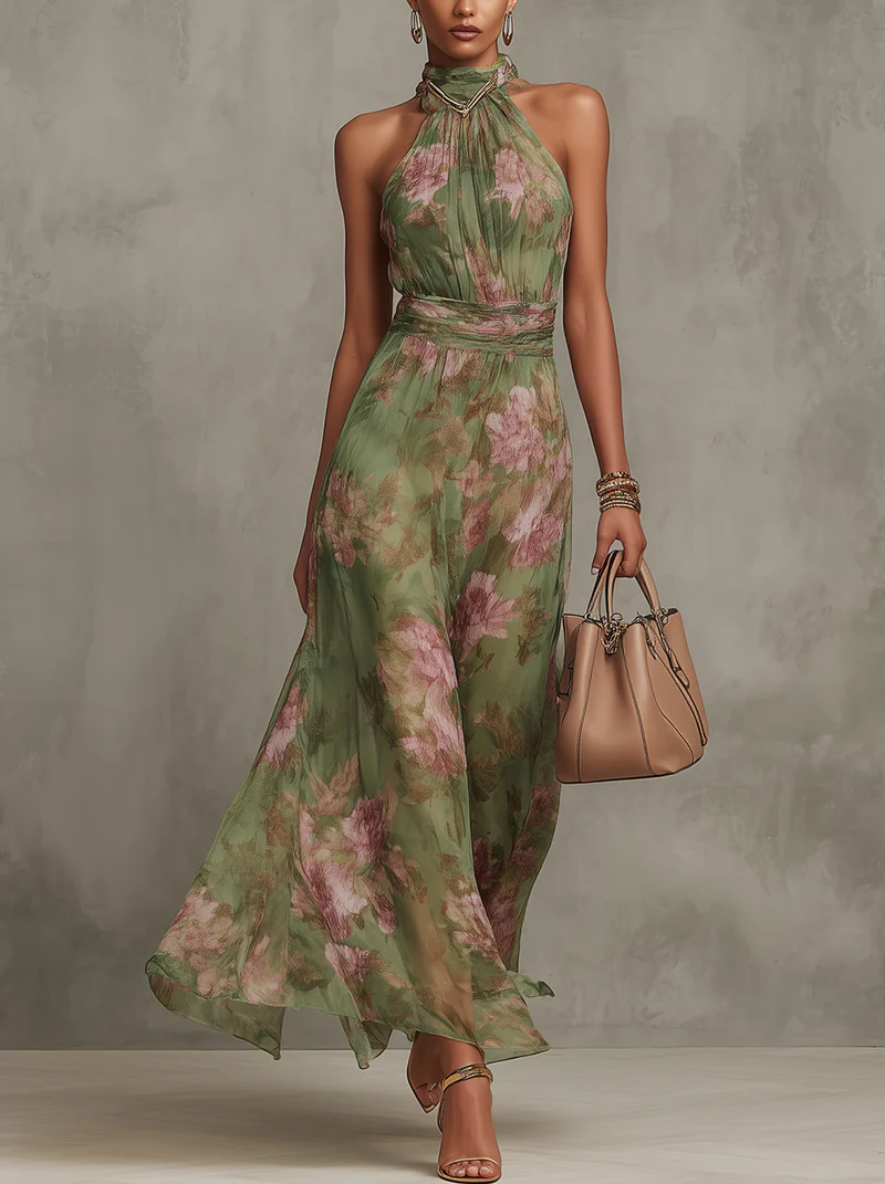 Damen Neckholder Blumen Maxikleid lang ärmellos