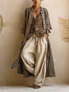 Damen Leinen Dreiteiler Set Cardigan Weite Hose - Image 2