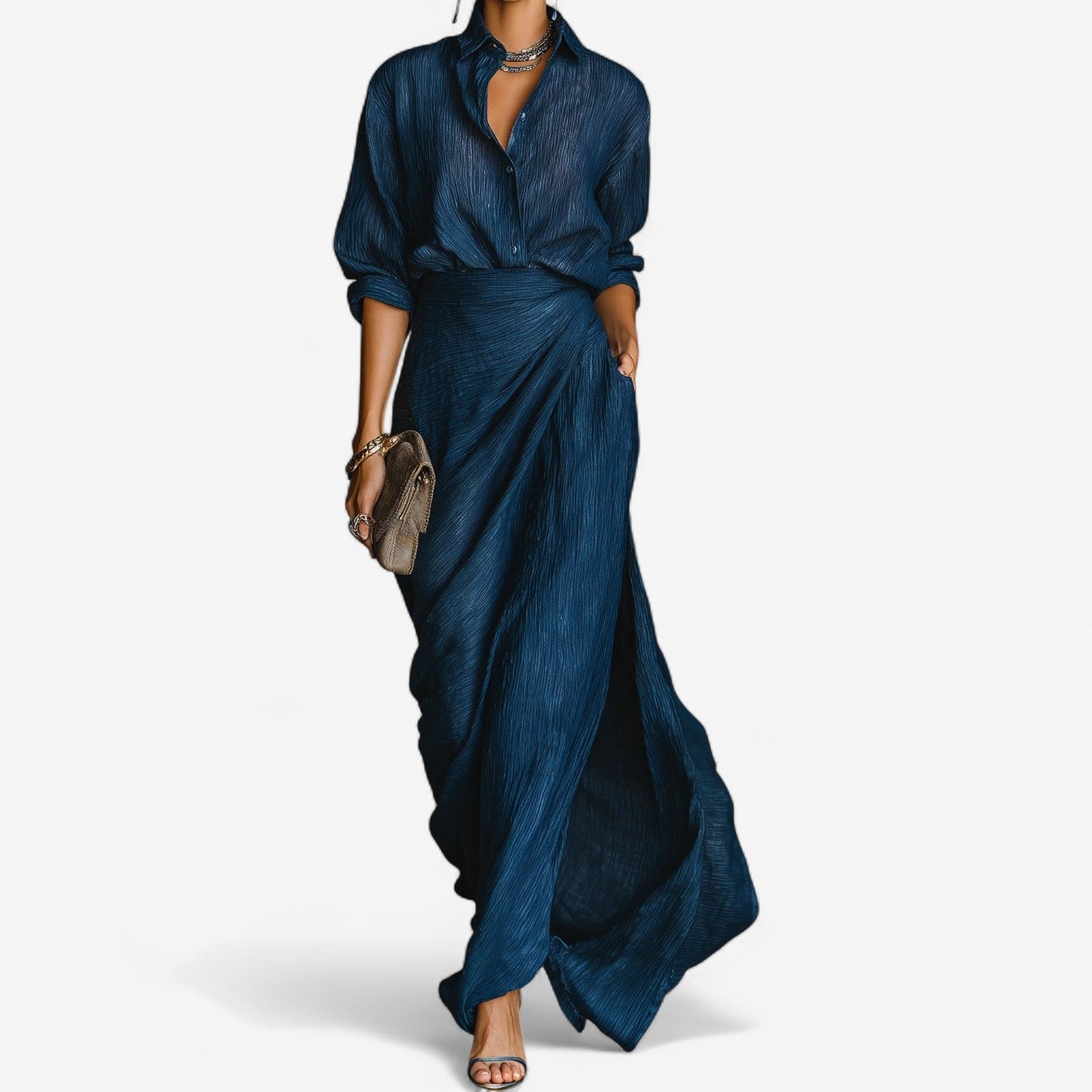 Elegantes Maxikleid Knopfleiste Hemdkragen