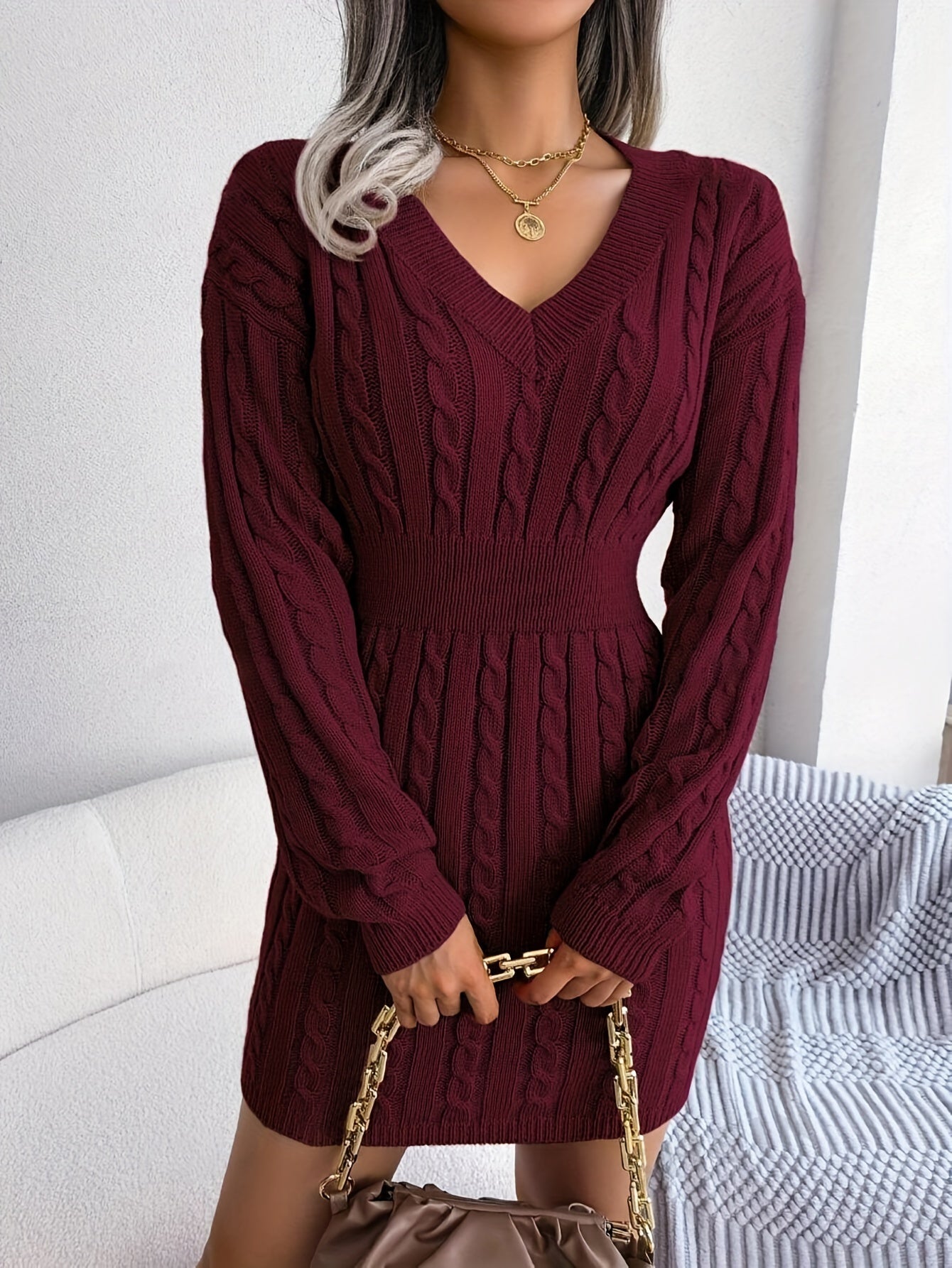 Damen Cable-Knit Strickkleid Tailliert - Image 2