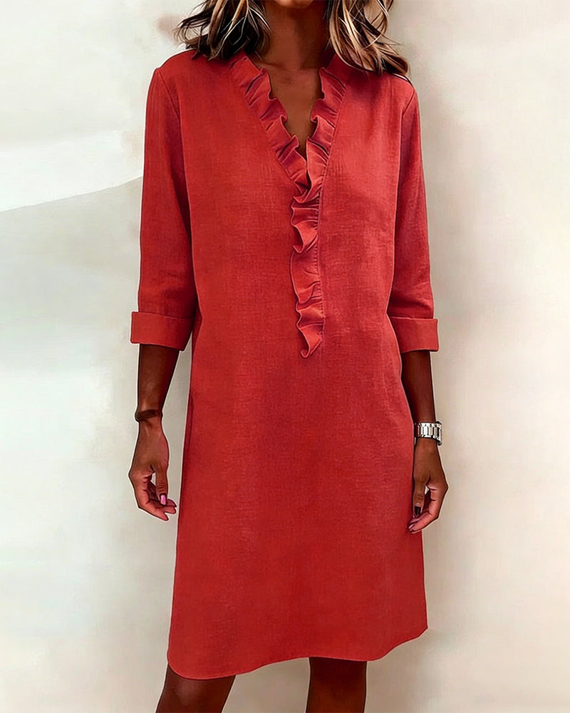 Damen Baumwoll-Leinen Kleid V-Ausschnitt Volants - Image 2