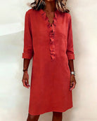 Damen Baumwoll-Leinen Kleid V-Ausschnitt Volants - Image 2