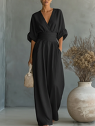 Women Flowy V Neck Wide Leg Jumpsuit - Image 3