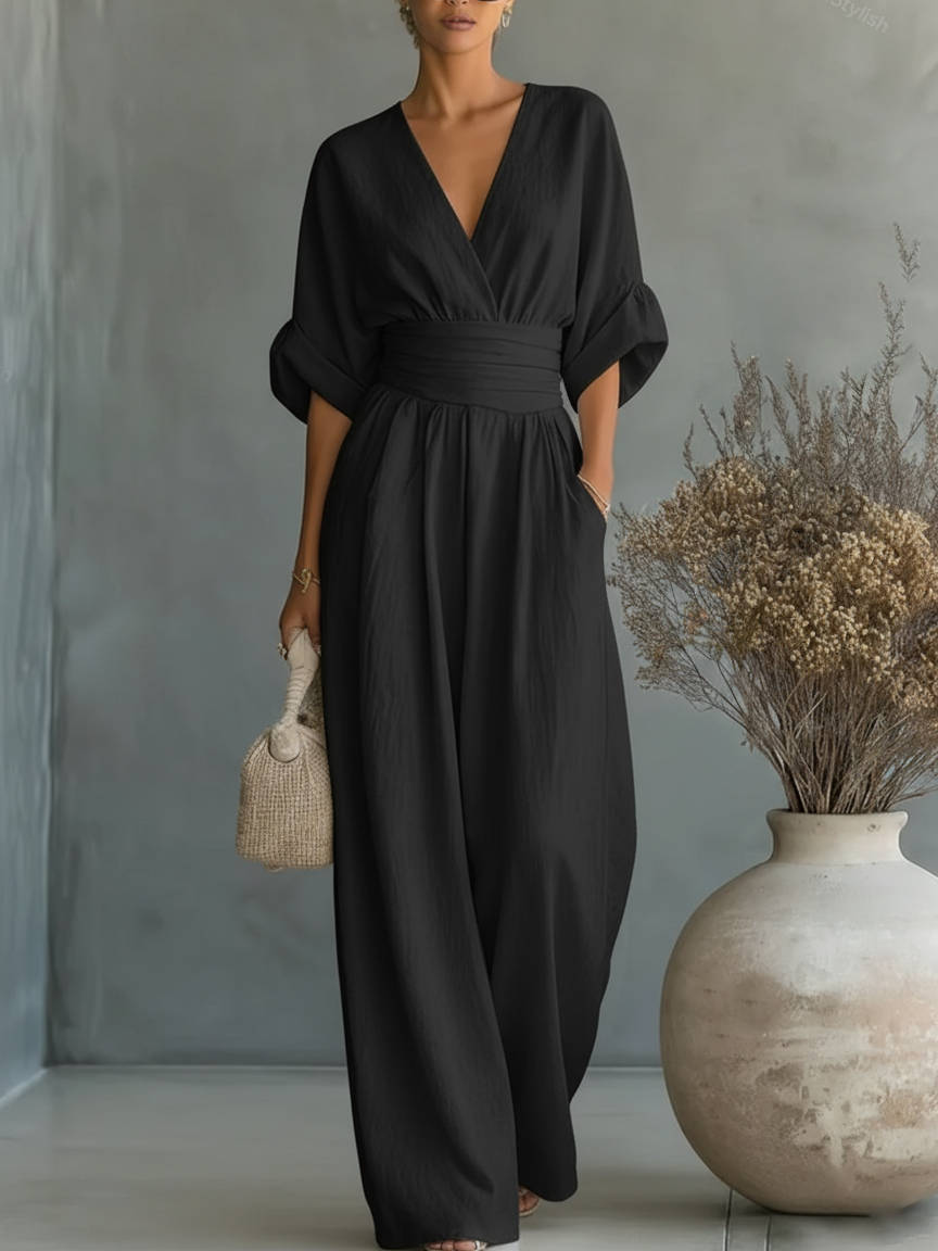 Women Flowy V Neck Wide Leg Jumpsuit - Image 3