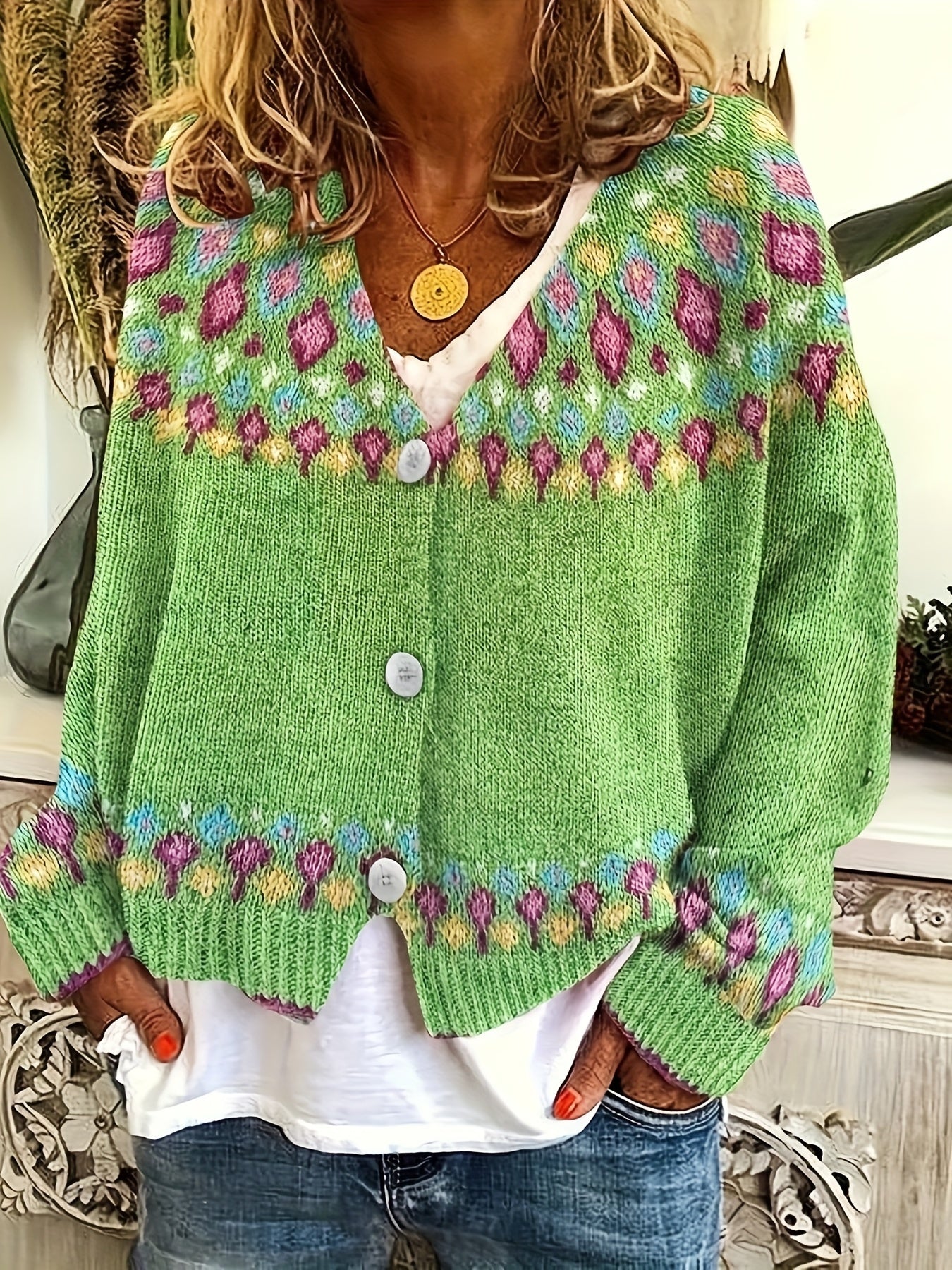 Damen Boho Strickjacke Bestickter Cardigan V-Ausschnitt