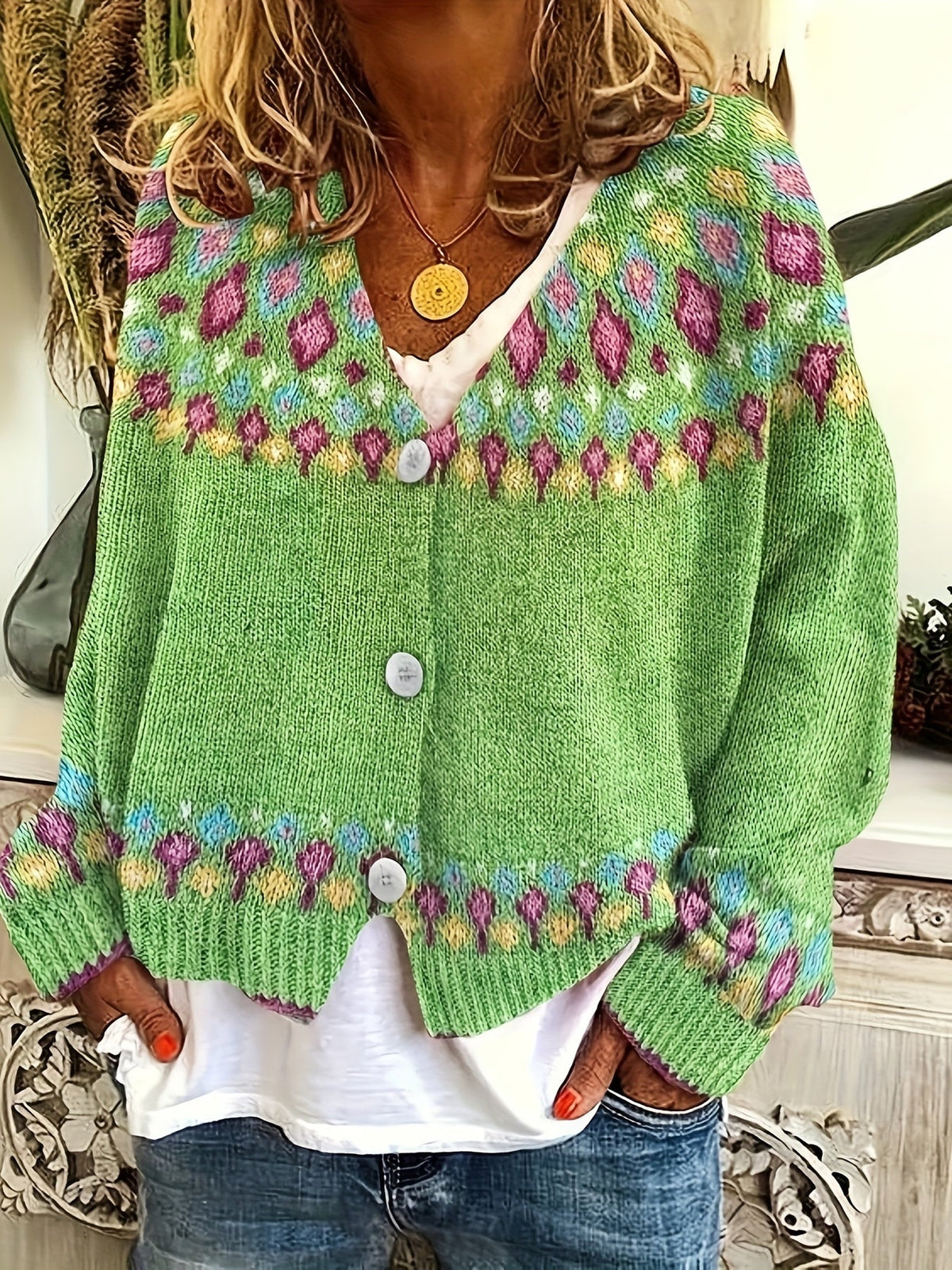 Damen Boho Strickjacke Bestickter Cardigan V-Ausschnitt