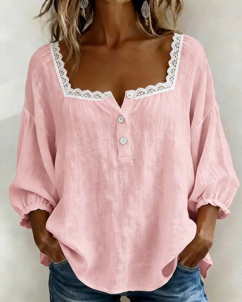 Damen Spitzenbluse Karree-Ausschnitt Puffärmel Baumwolle Leinen - Image 7
